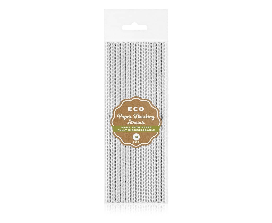 Drinking paper straws, silver shiny patterns, 6x197 mm / 12 pcs EOL