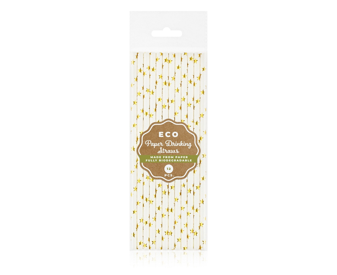Drinking paper straws gold stars, 6x197 mm / 12 pcs EOL