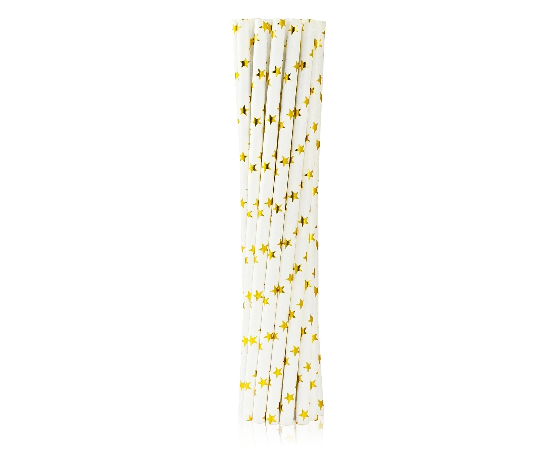 Drinking paper straws gold stars, 6x197 mm / 12 pcs EOL
