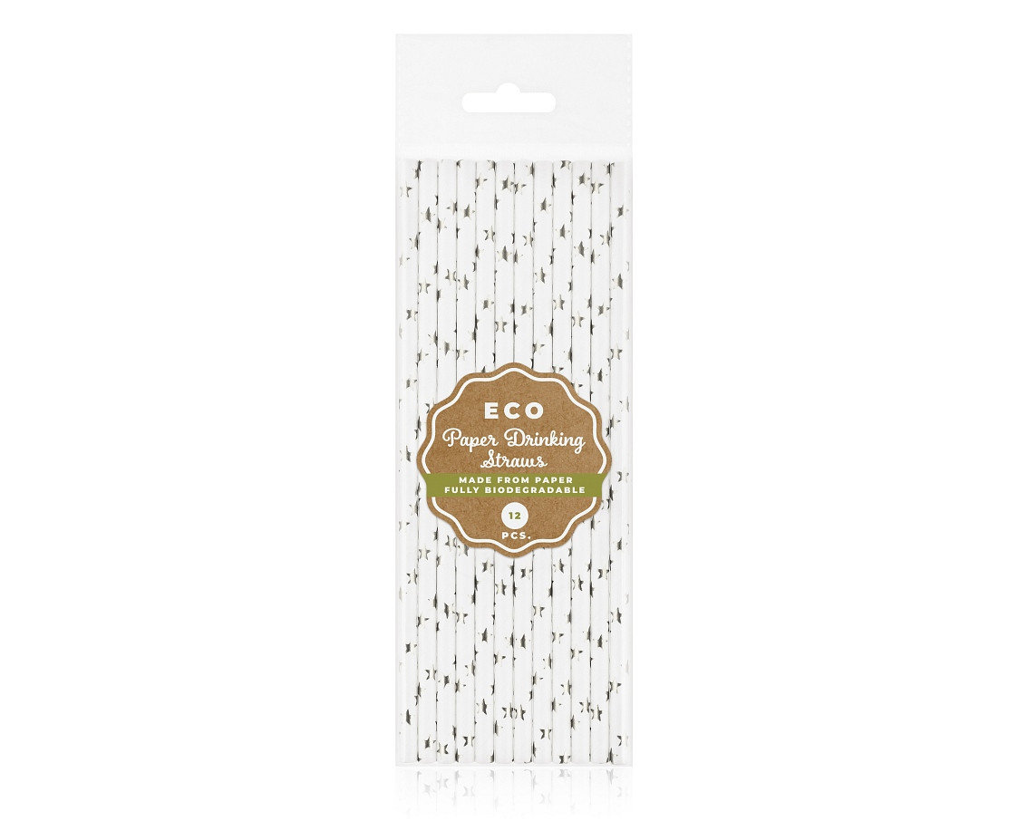 Drinking paper straws, silver stars, 6x197 mm / 12 pcs EOL