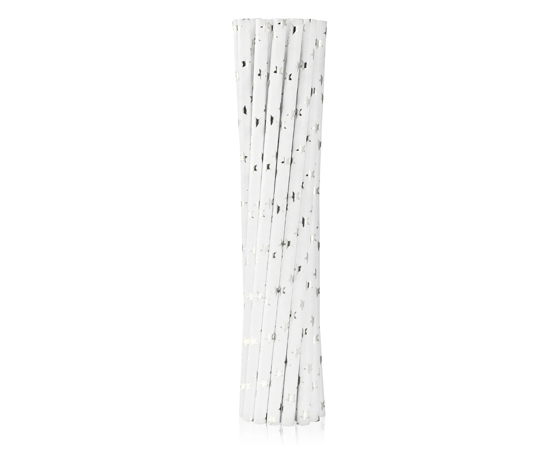 Drinking paper straws, silver stars, 6x197 mm / 12 pcs EOL