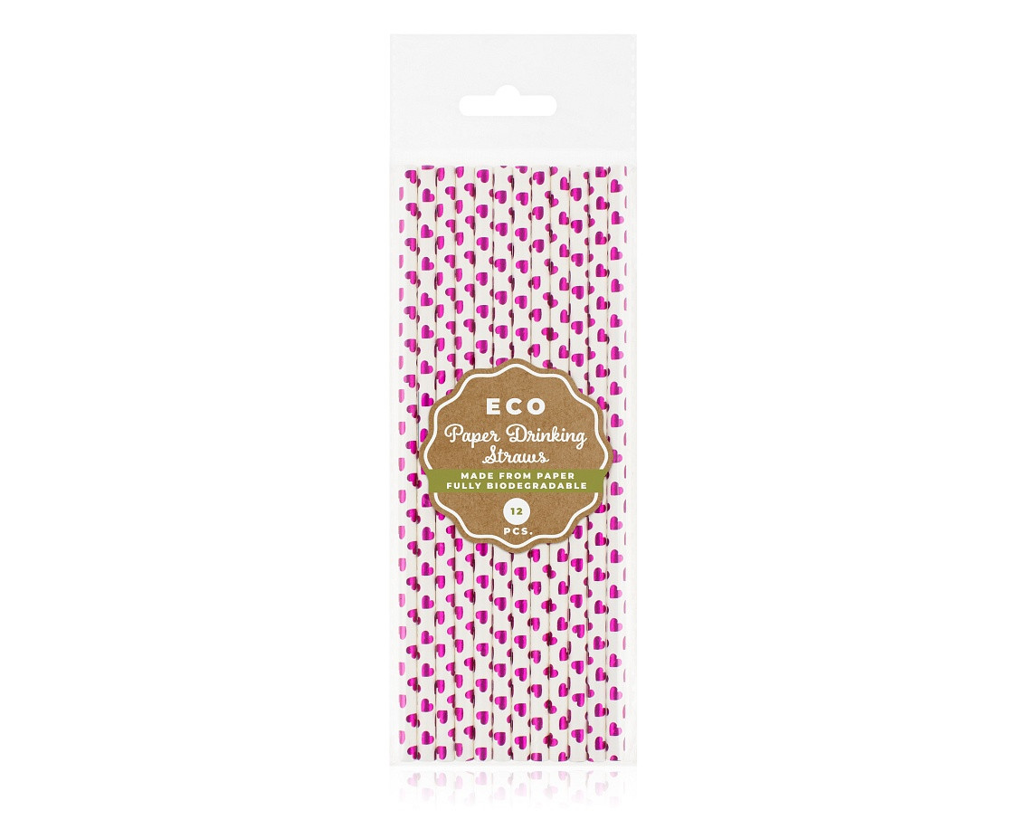 Drinking paper straws, purple hearts, 6x197 mm / 12 pcs EOL