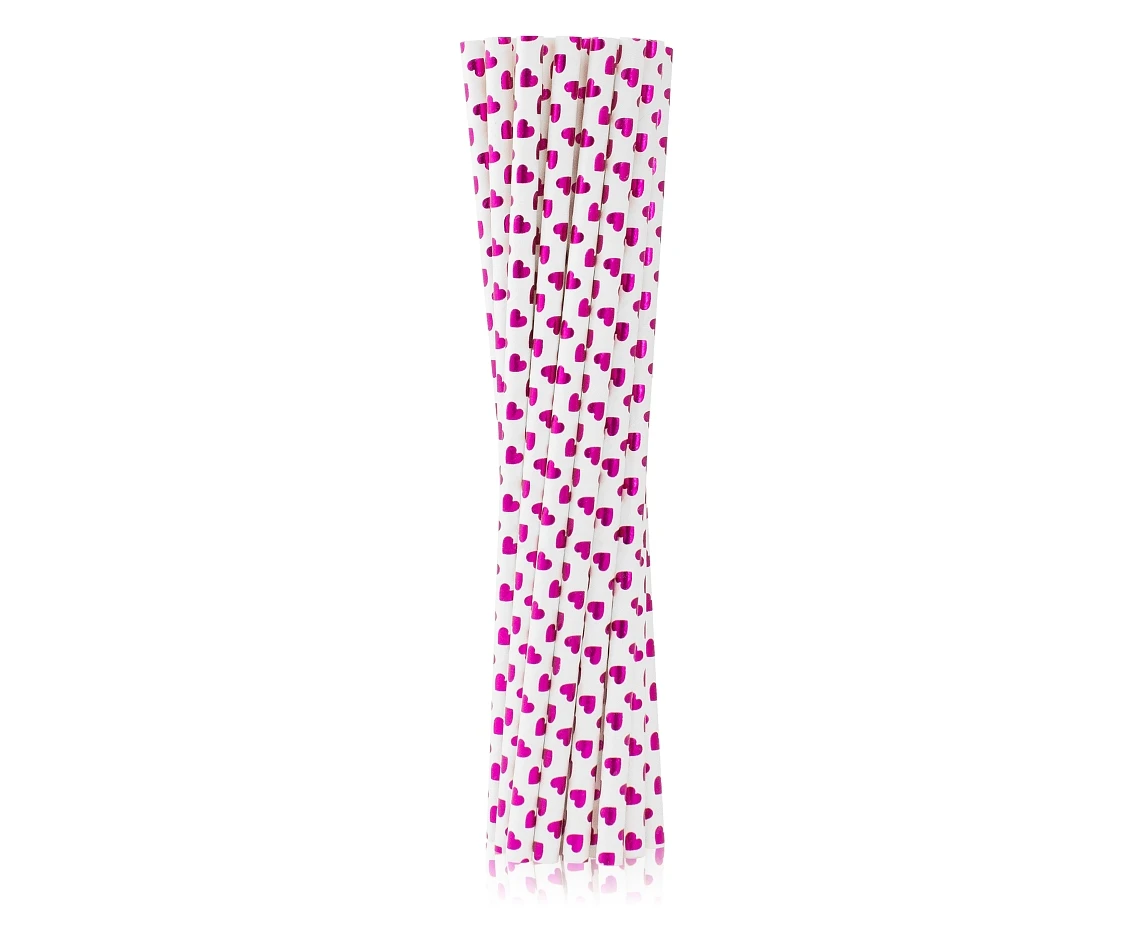 Drinking paper straws, purple hearts, 6x197 mm / 12 pcs EOL