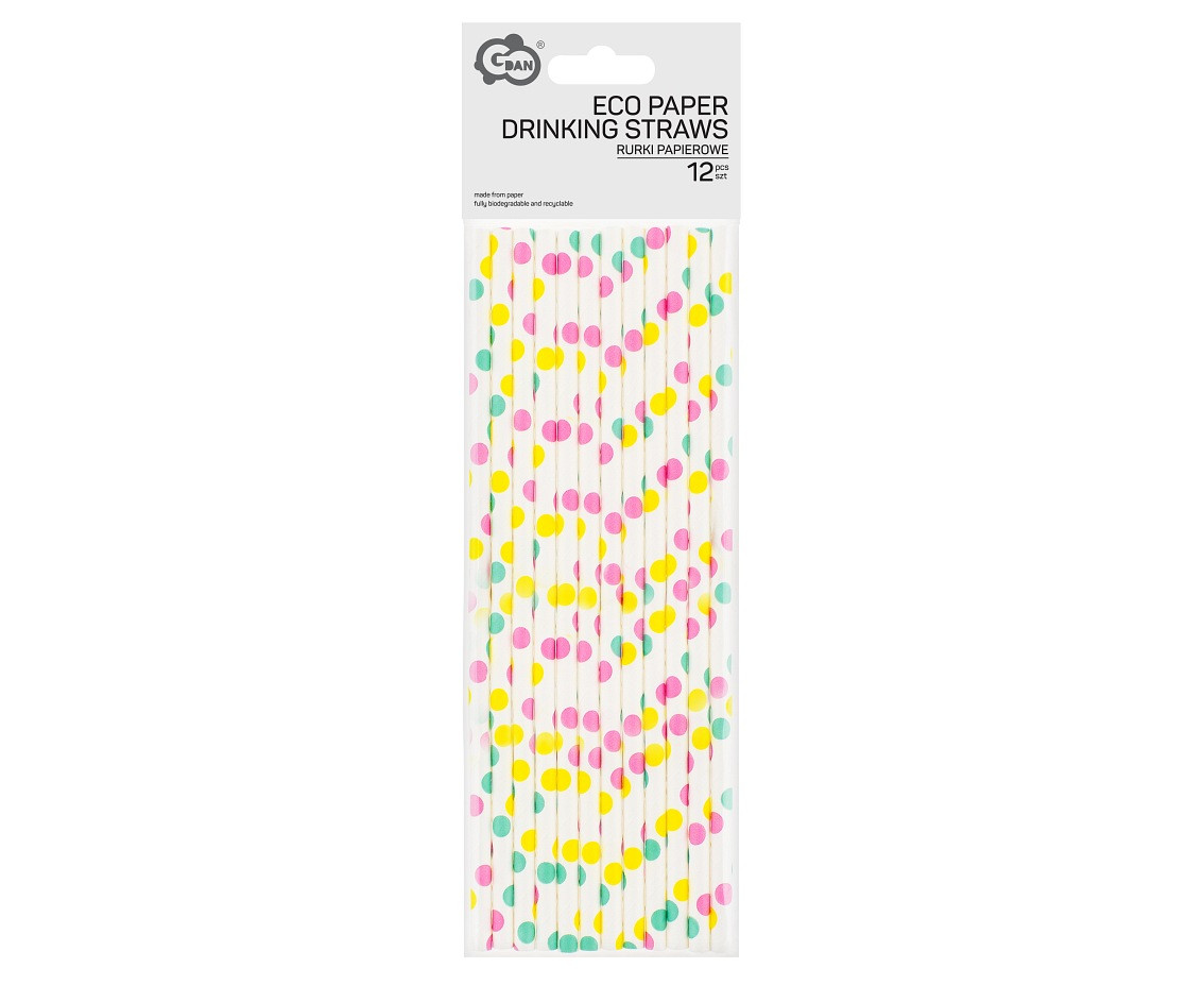 Drinking paper straws, colorful dots, 6x197 mm / 12 pcs