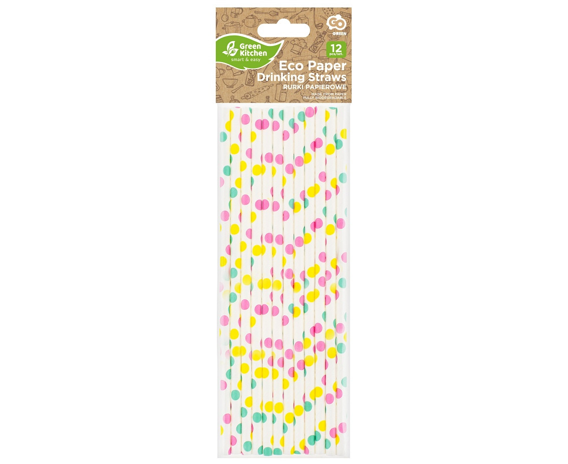 Drinking paper straws, colorful dots, 6x197 mm / 12 pcs