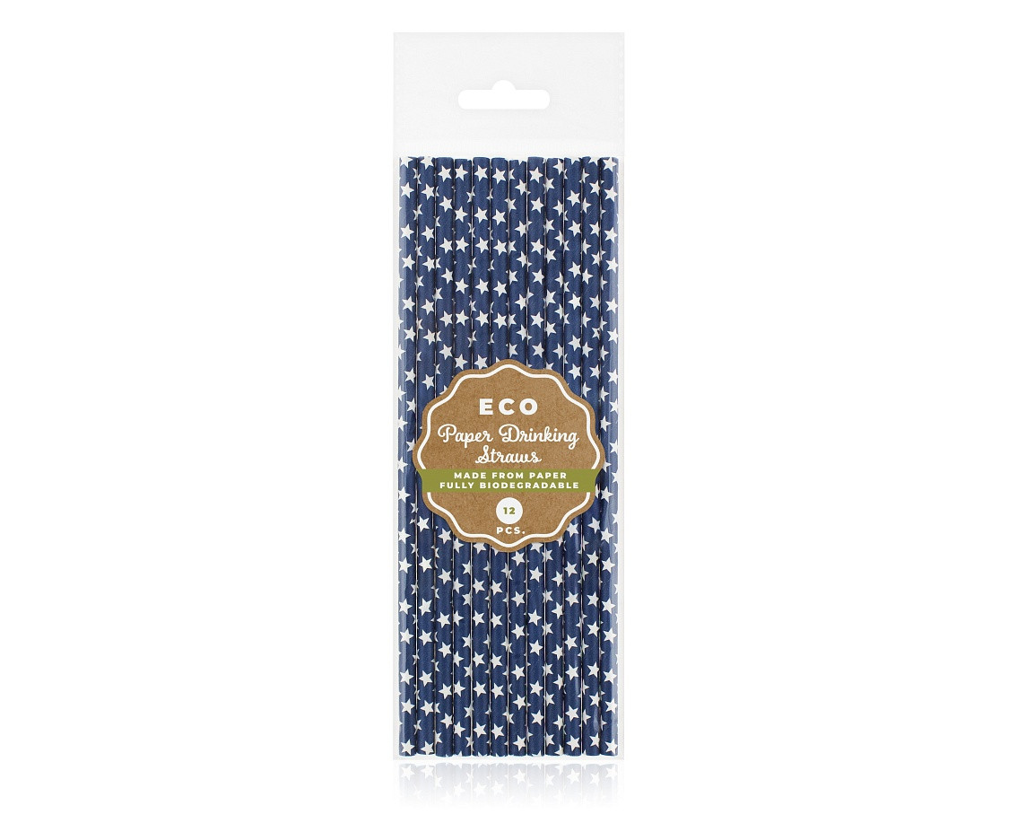 Drinking paper straws, navy blue in white stars, 6x197 mm / 12 pcs EOL