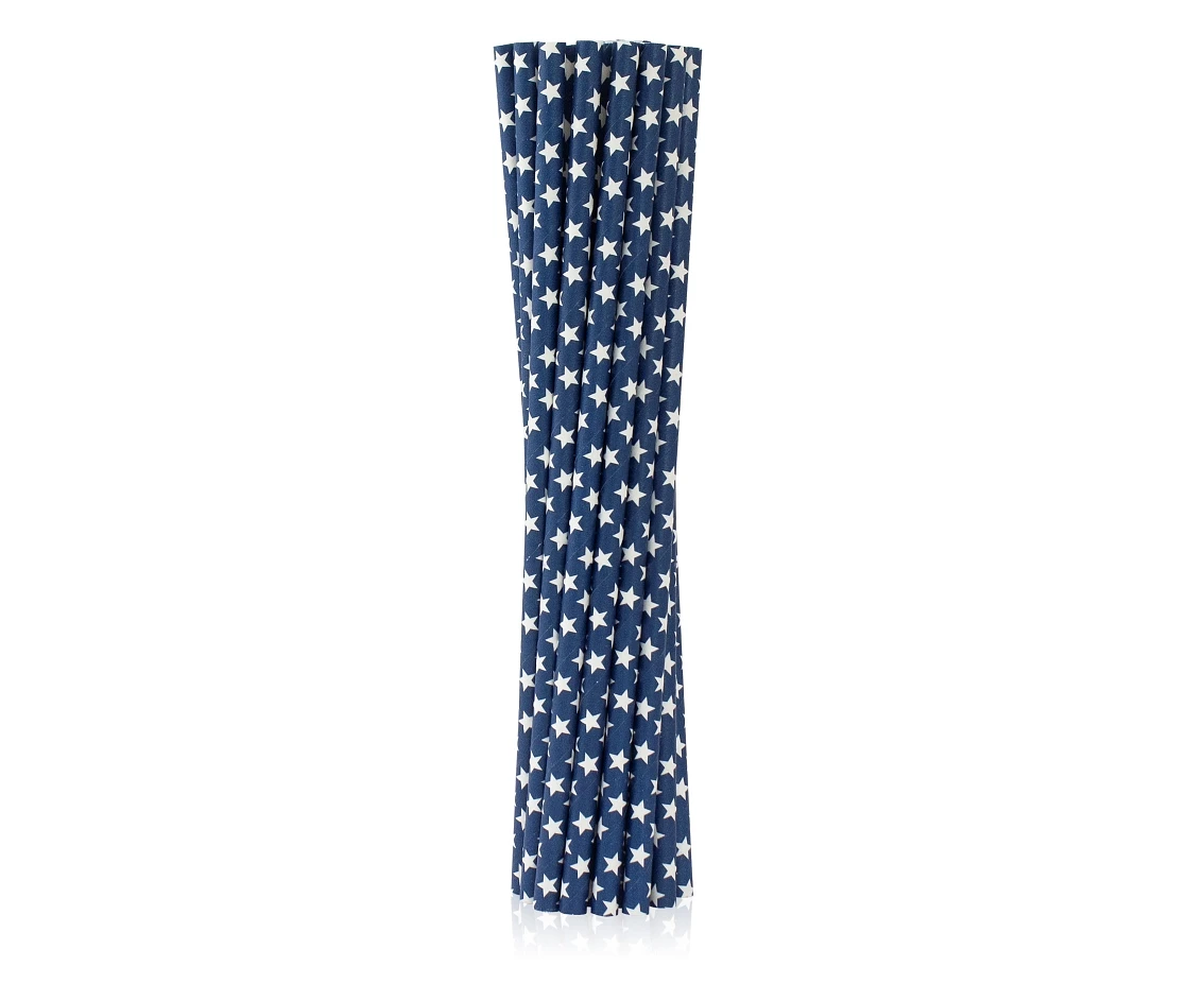 Drinking paper straws, navy blue in white stars, 6x197 mm / 12 pcs EOL