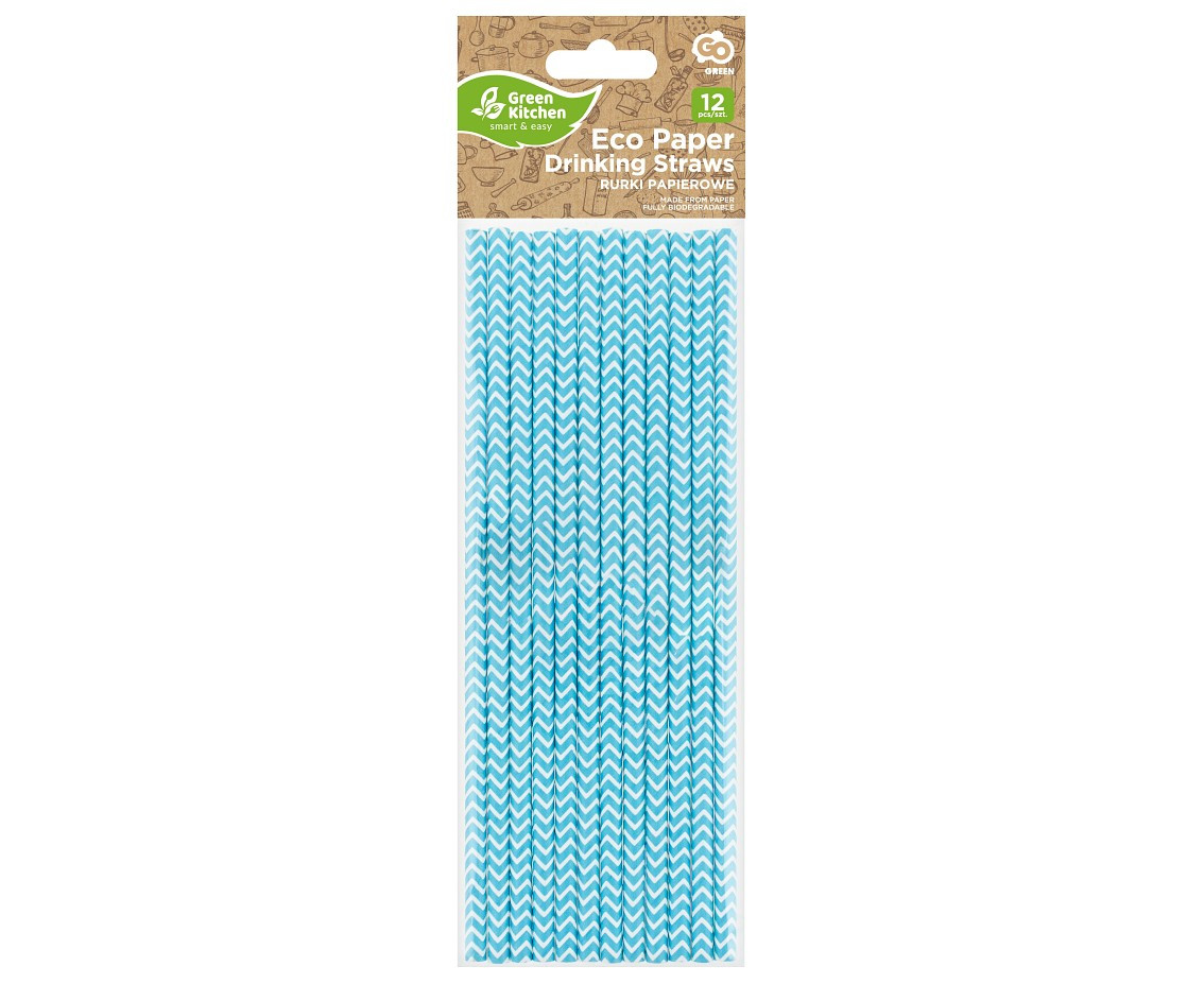 Drinking paper straws, light blue chevron, 6x197 mm / 12 pcs, EC EOL