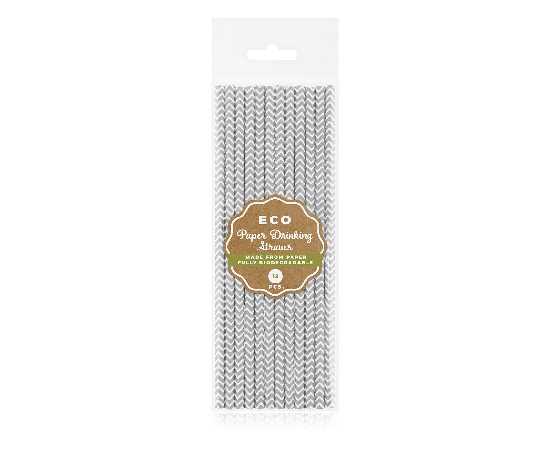 Drinking paper straws, silver pattern, 6x197 mm / 12 pcs EOL