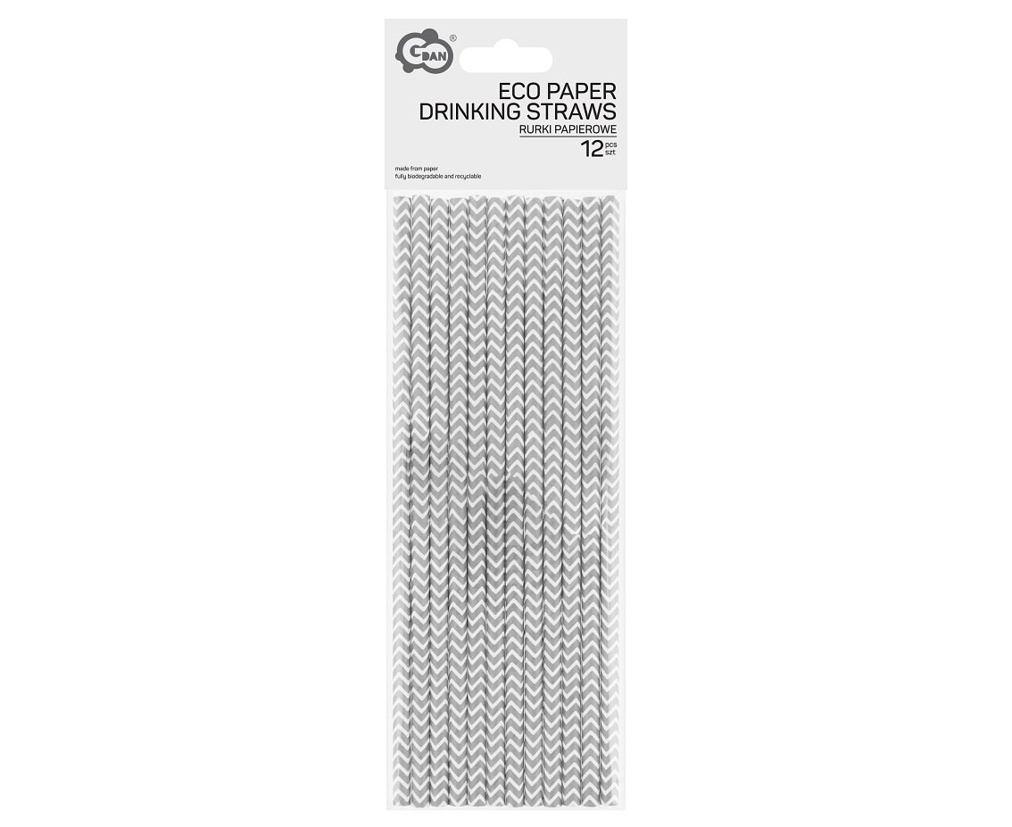 Drinking paper straws, silver pattern, 6x197 mm / 12 pcs EOL
