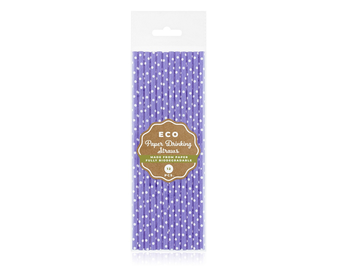 Drinking paper straws, purple in white dots, 6x197 mm / 12 pcs, EC EOL