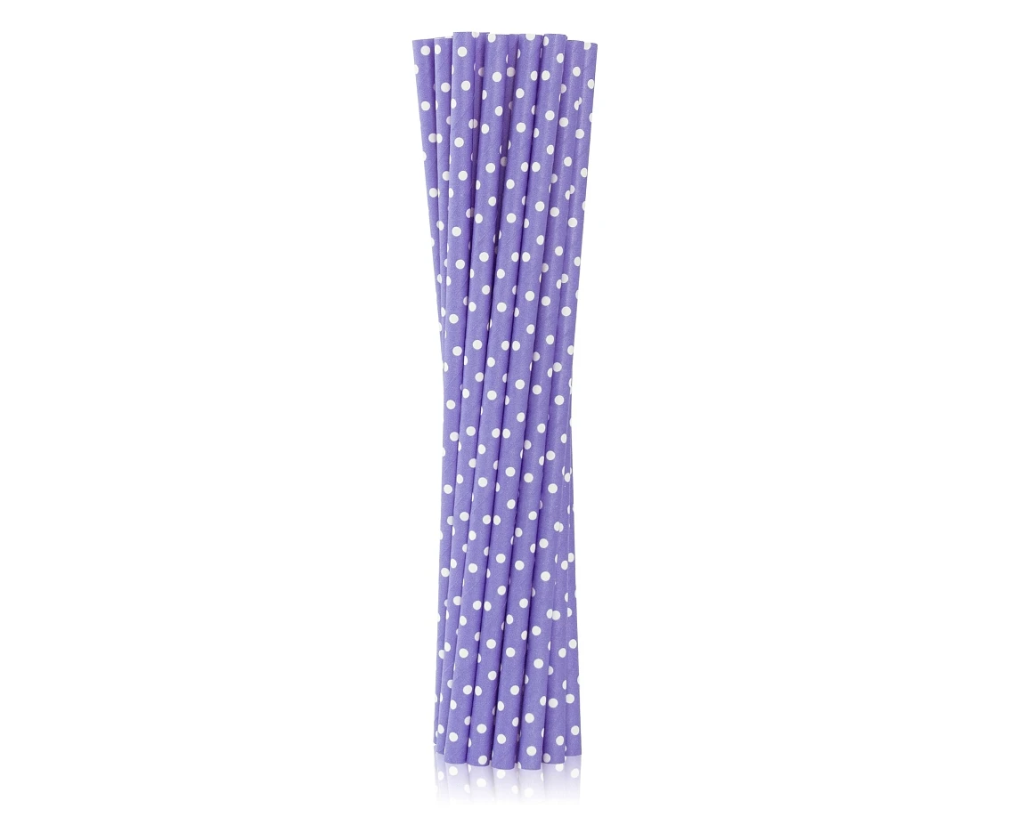 Drinking paper straws, purple in white dots, 6x197 mm / 12 pcs, EC EOL