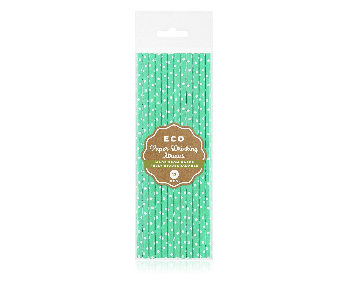 Drinking paper straws, green in white dots, 6x197 mm / 12 pcs, EC EOL