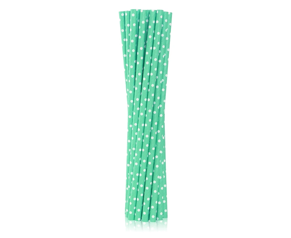 Drinking paper straws, green in white dots, 6x197 mm / 12 pcs, EC EOL