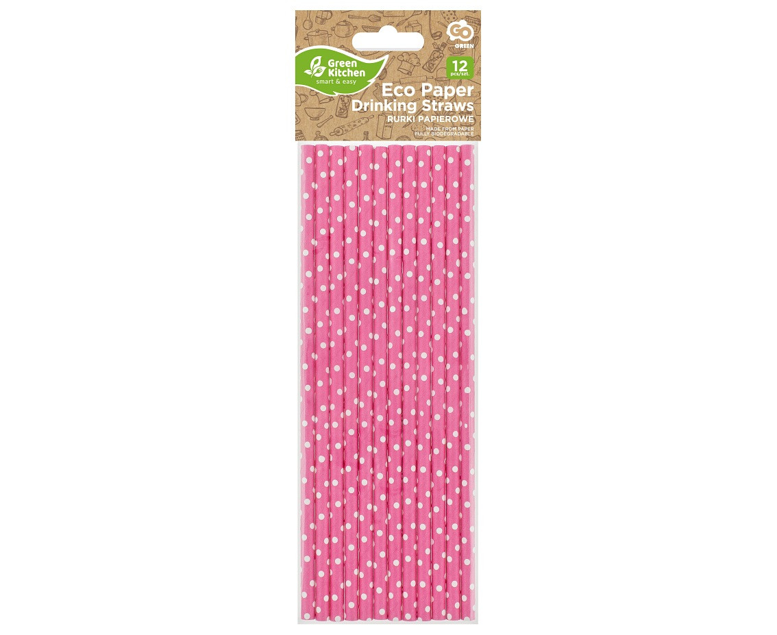 Drinking paper straws, pink in white dots, 6x197 mm / 12 pcs