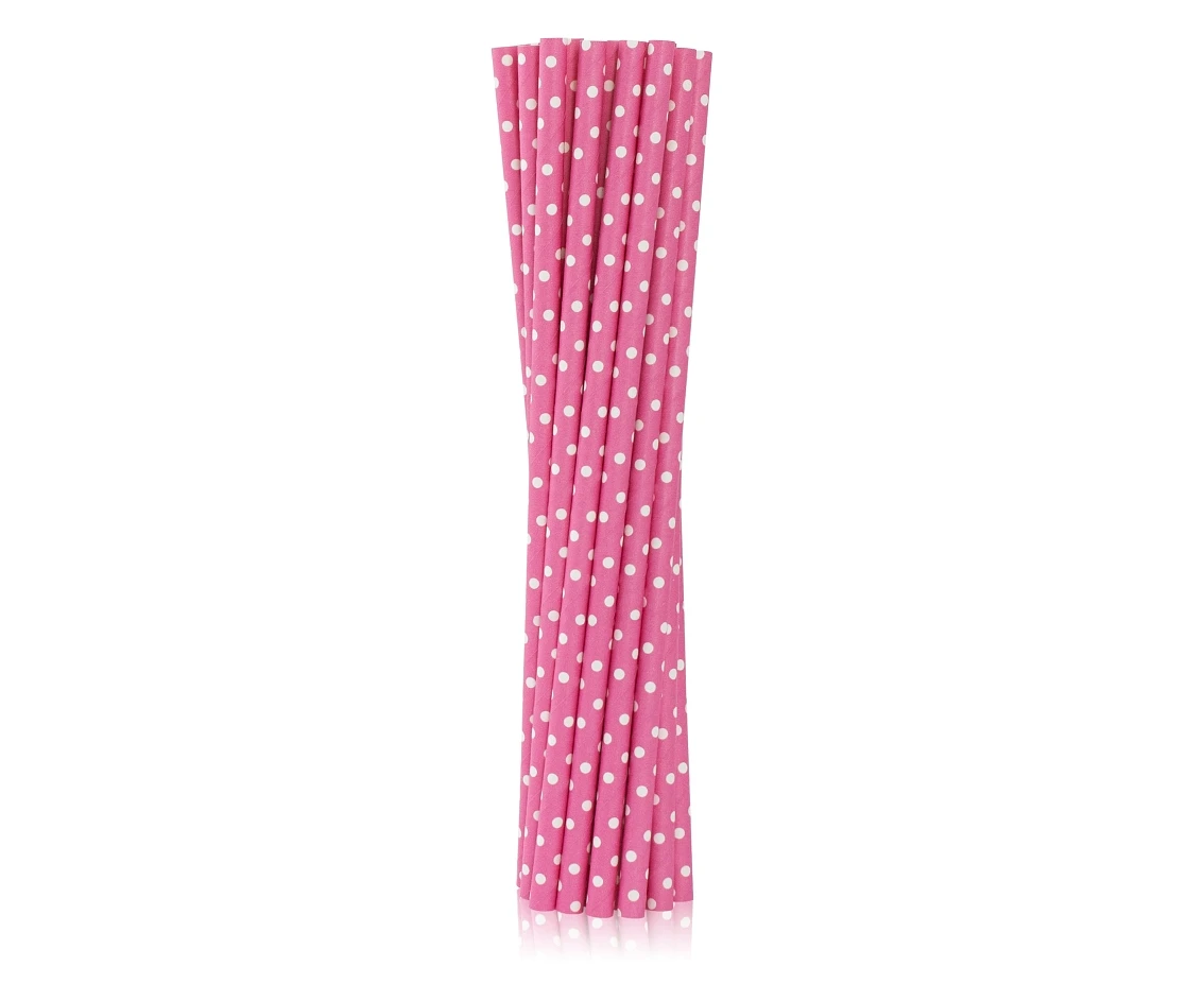Drinking paper straws, pink in white dots, 6x197 mm / 12 pcs