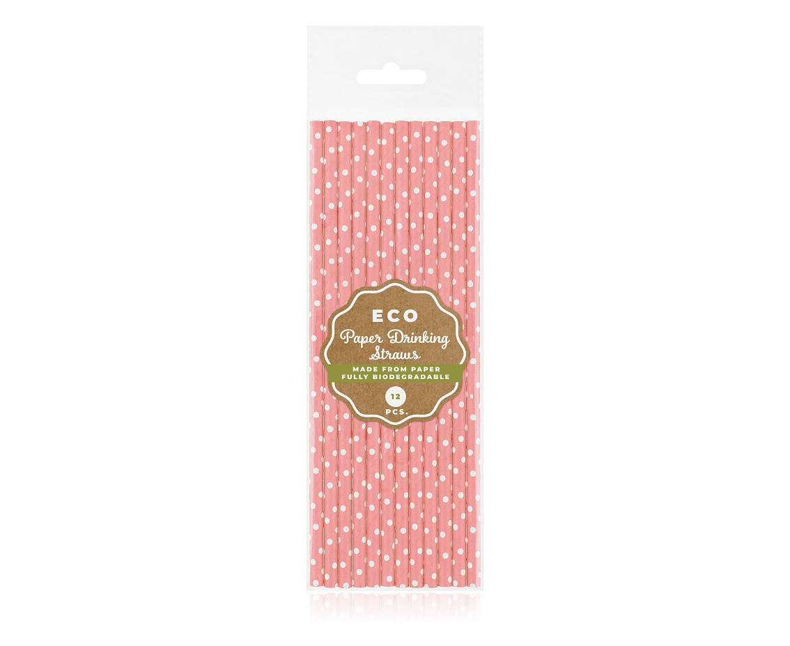 Drinking paper straws, light pink with white dots, 6x197 mm / 12 pcs, EC EOL