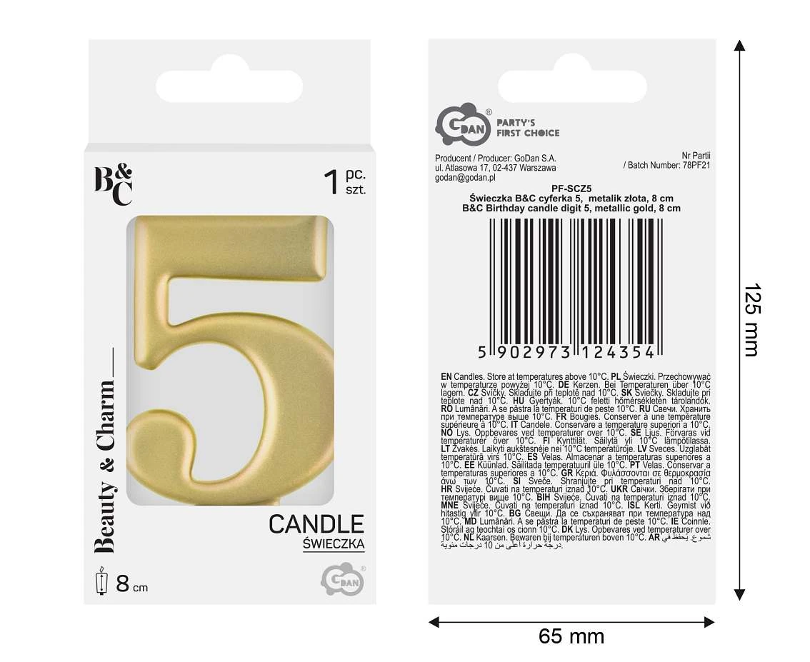 Birthday candle digit 5, metallic gold,  8.0 cm