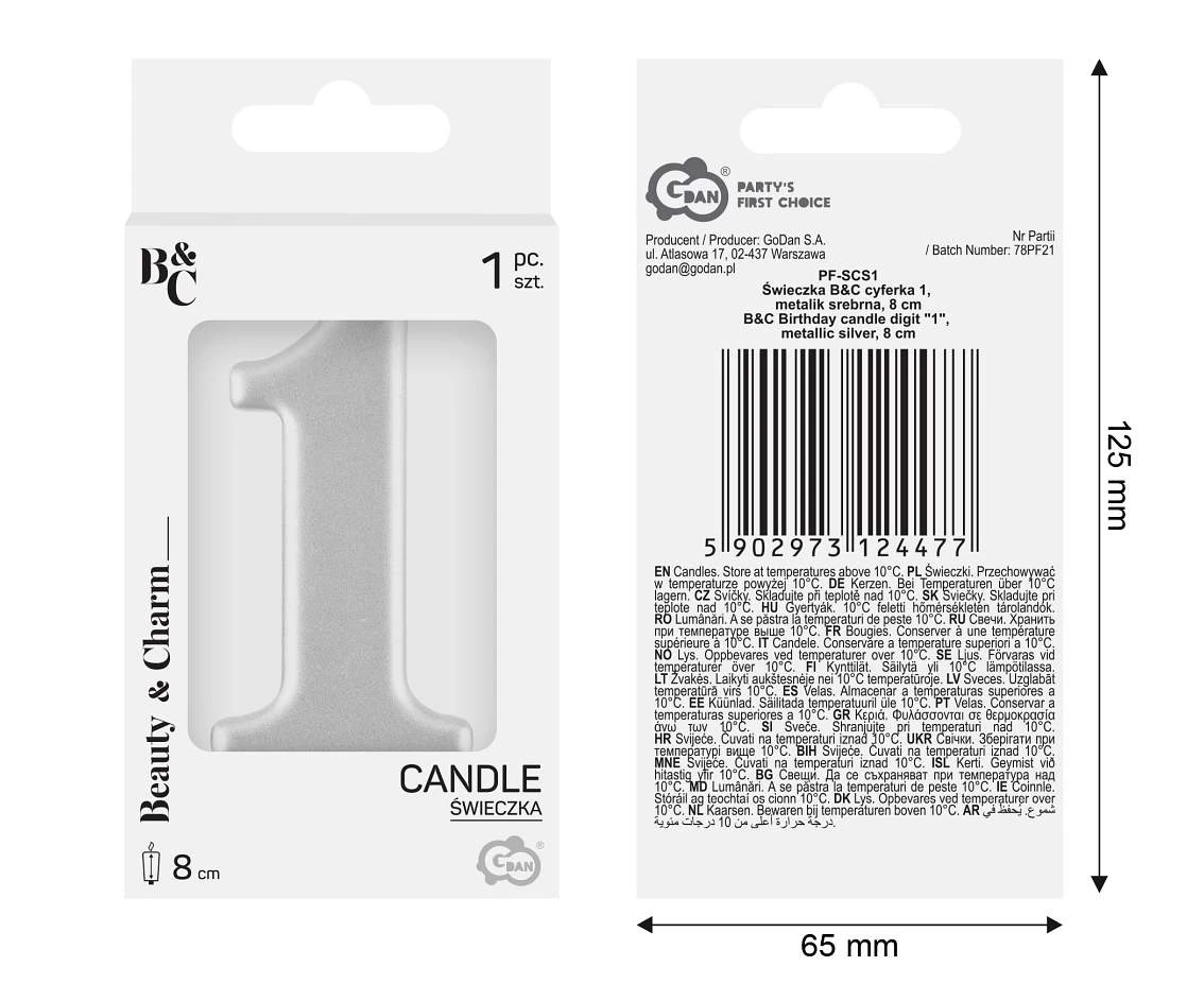 Birthday candle digit 1, metallic silver, 8 cm