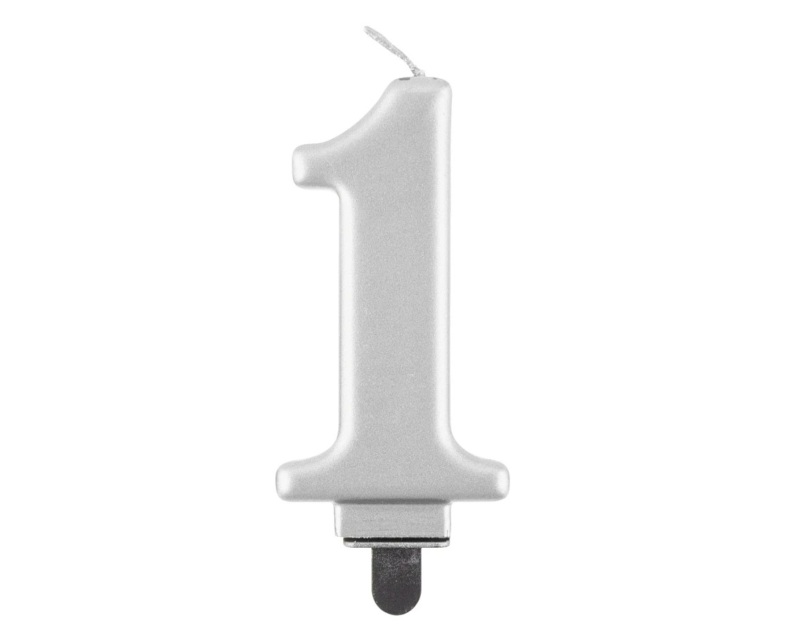 Birthday candle digit 1, metallic silver, 8 cm
