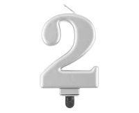 Birthday candle digit 2, metallic silver,  8 cm
