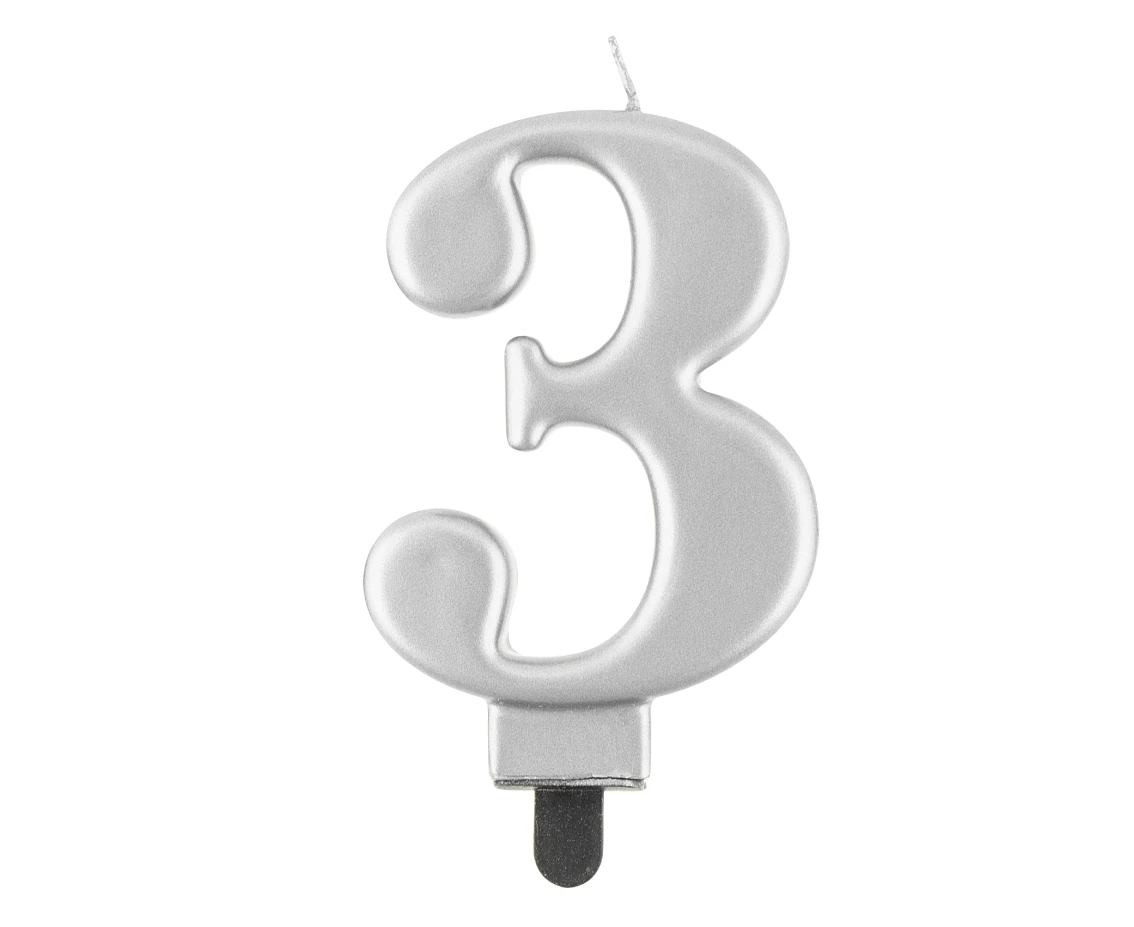Birthday candle digit 3, metallic silver,  8 cm