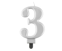 Birthday candle digit 3, metallic silver,  8 cm