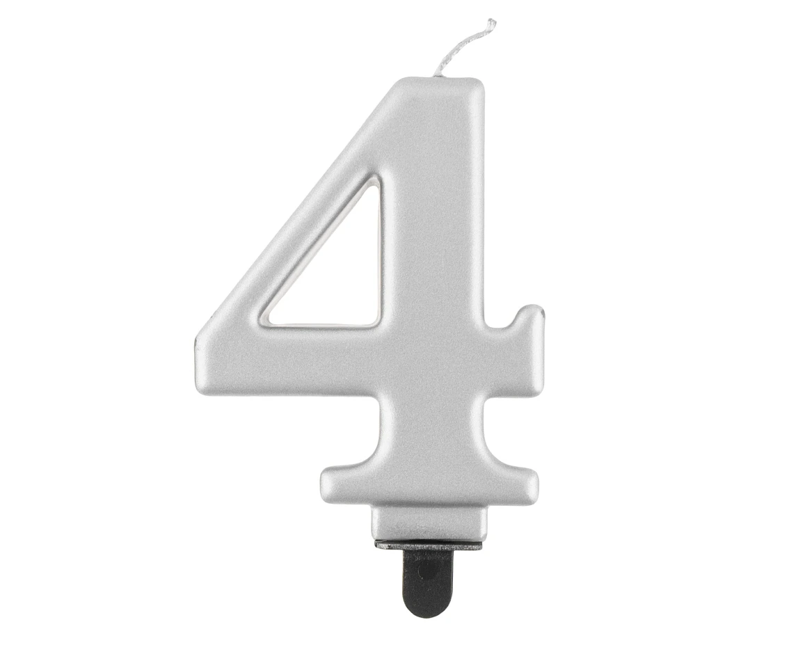 Birthday candle digit 4, metallic silver,  8 cm
