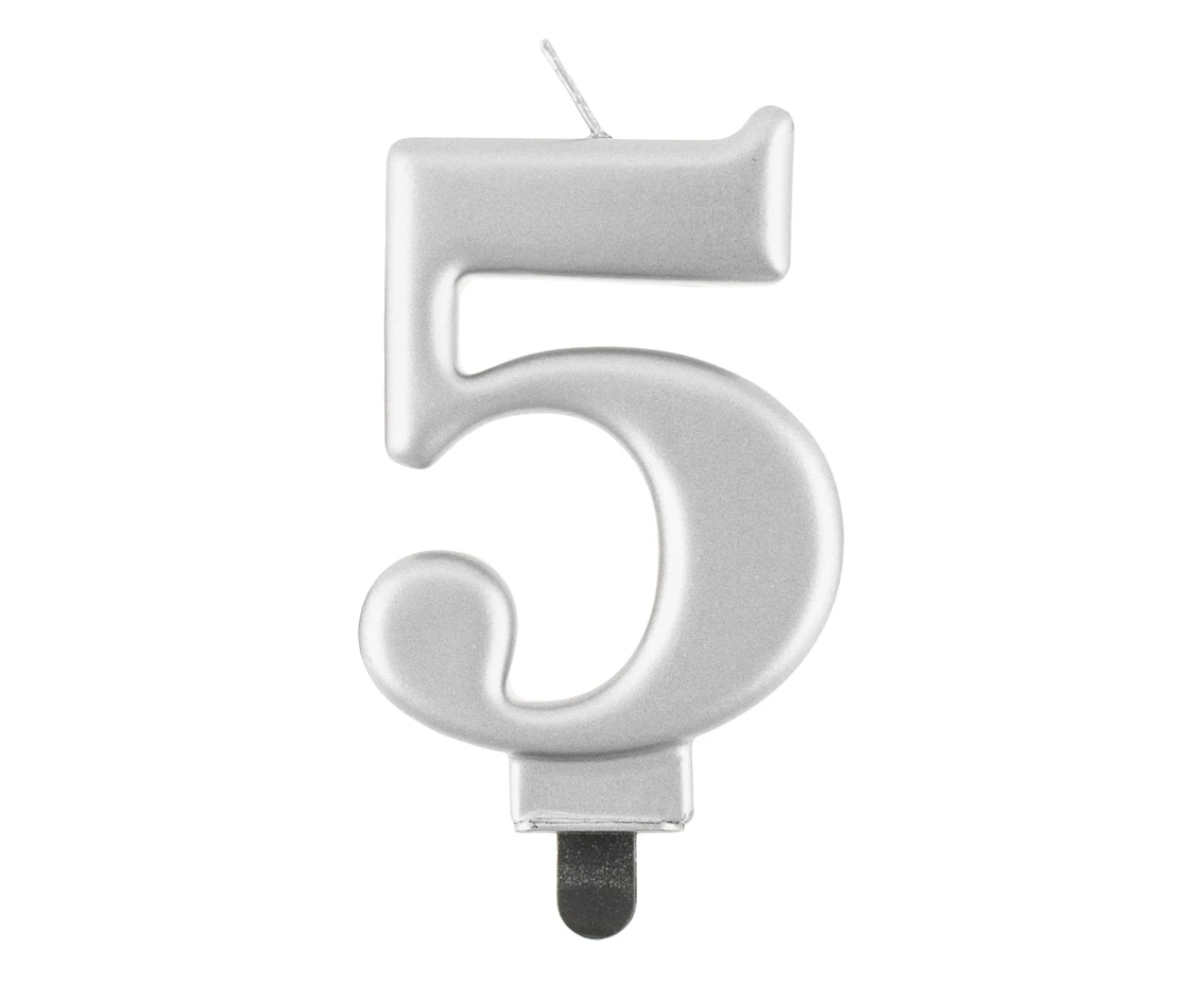 Birthday candle digit 5, metallic silver,  8 cm
