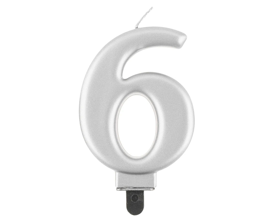 Birthday candle digit 6, metallic silver,  8 cm
