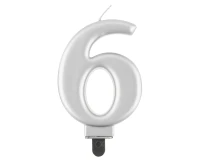 Birthday candle digit 6, metallic silver,  8 cm