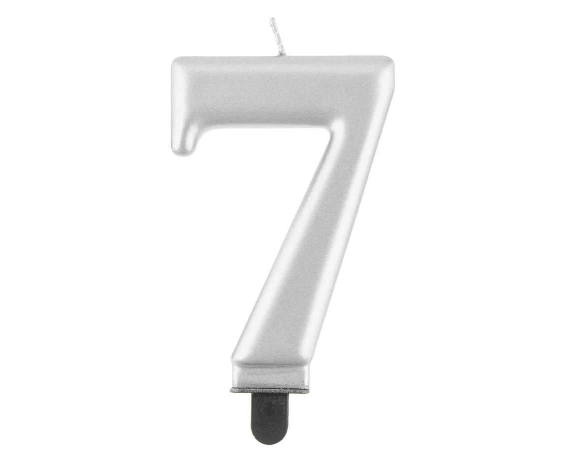 Birthday candle digit 7, metallic silver, 8 cm