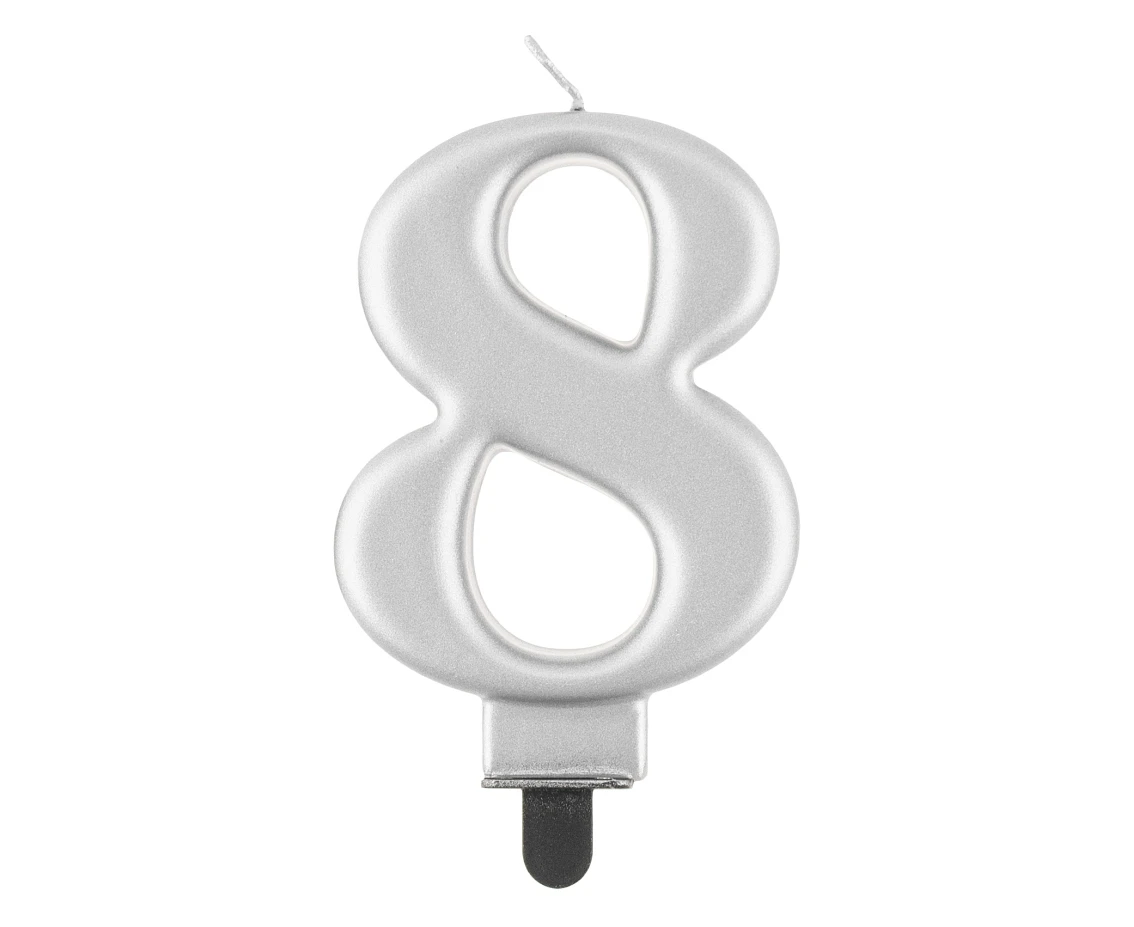 Birthday candle digit 8, metallic silver, 8 cm