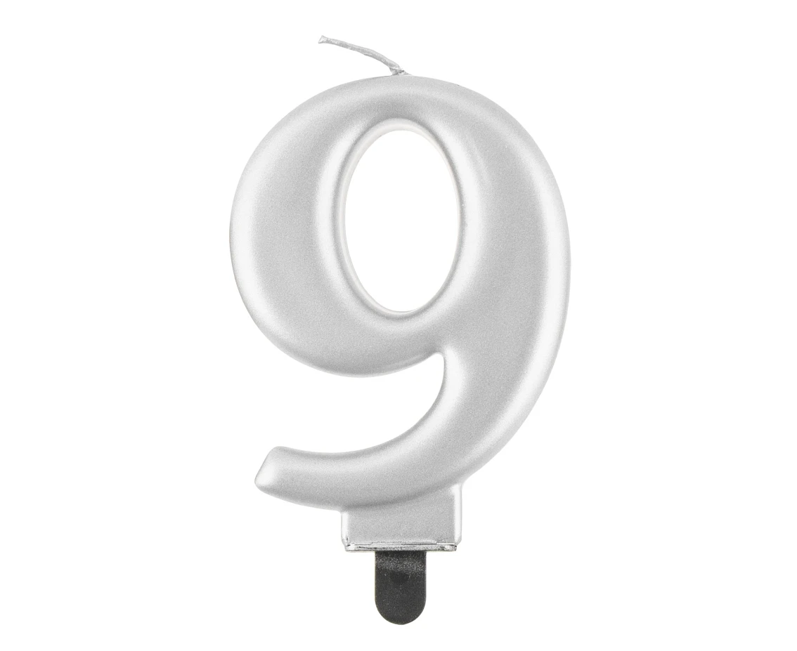 Birthday candle digit 9, metallic silver, 8 cm