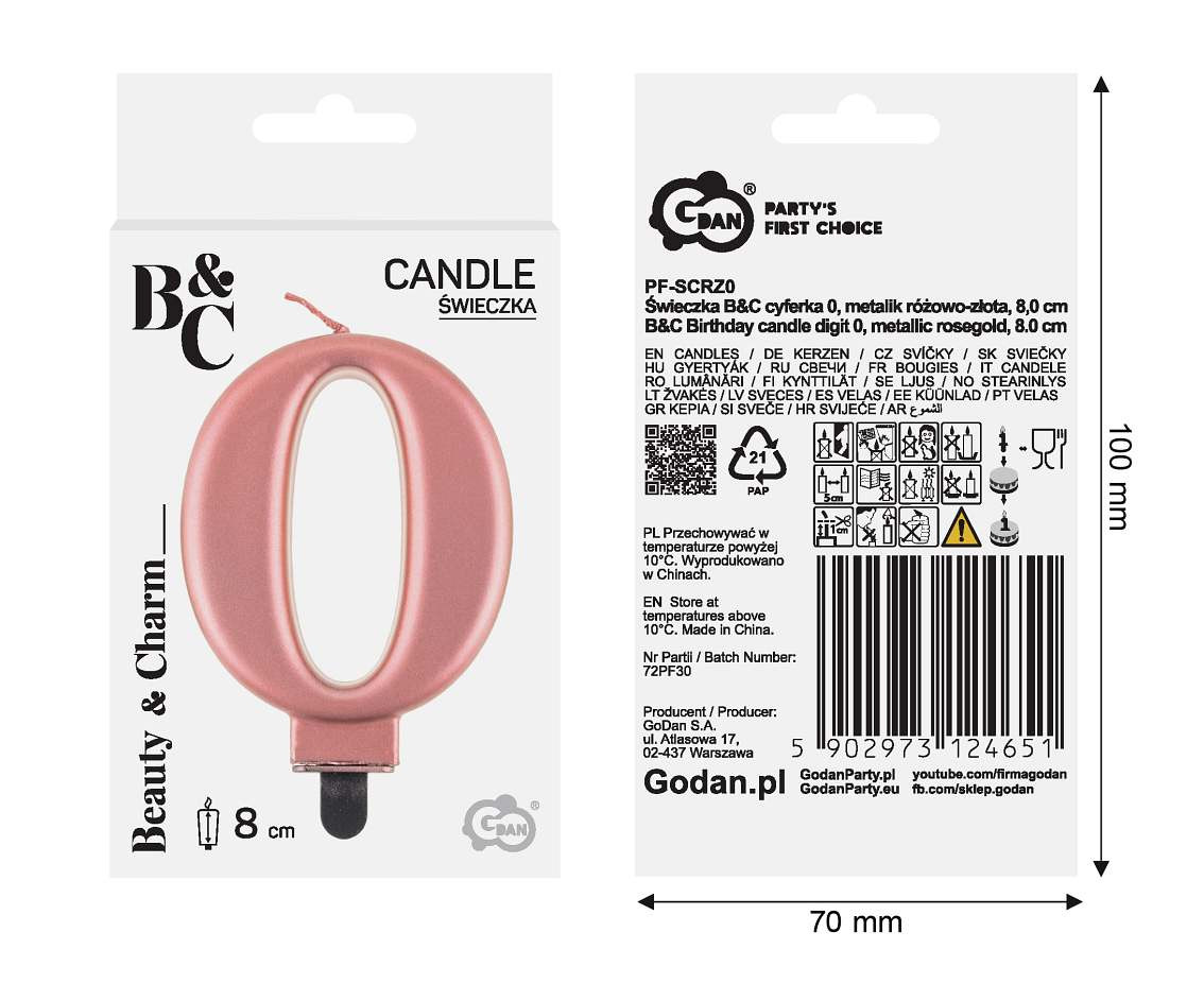 Birthday candle digit 0, metallic rosegold, 8 cm