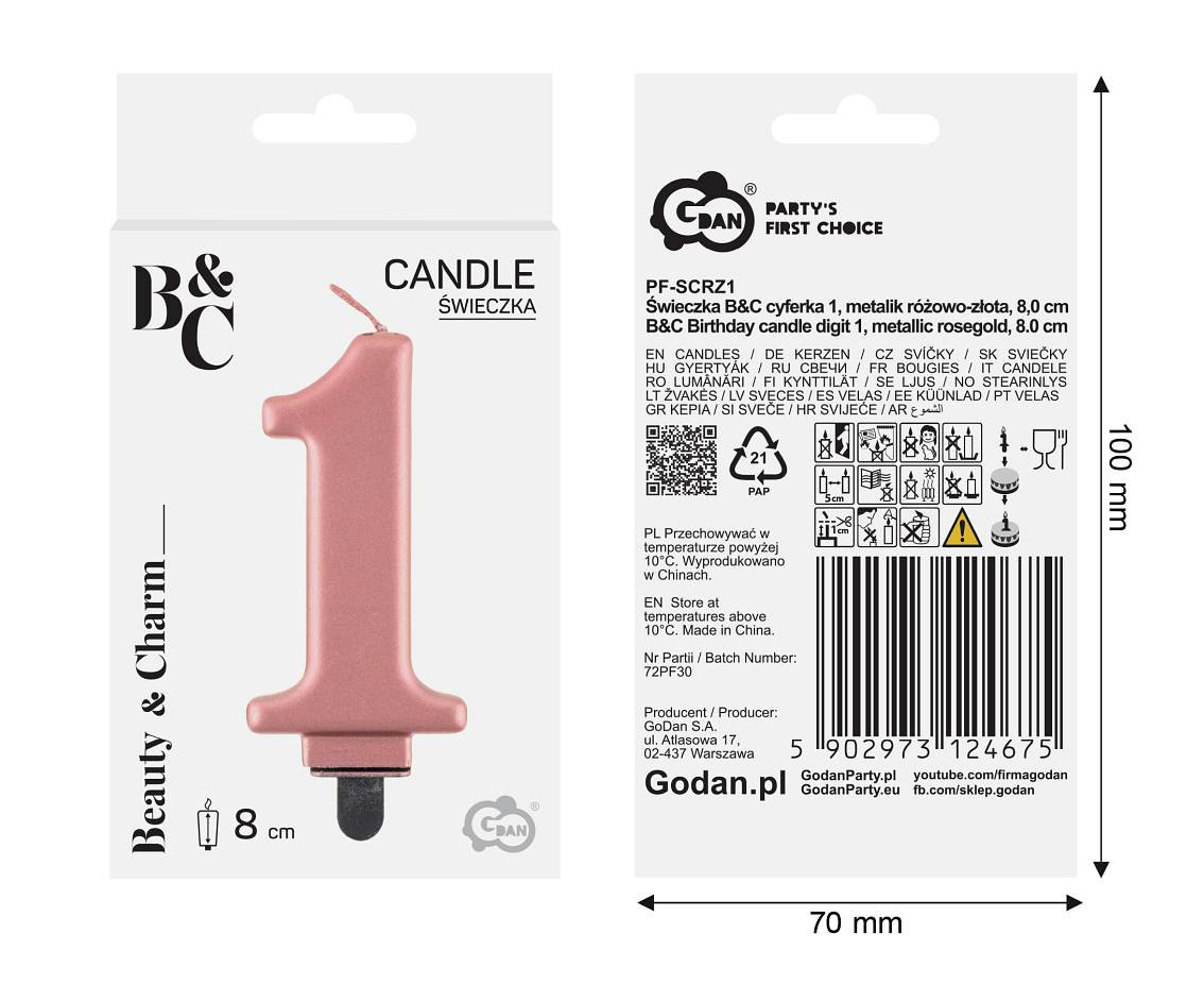 Birthday candle digit 1, metallic rosegold, 8 cm