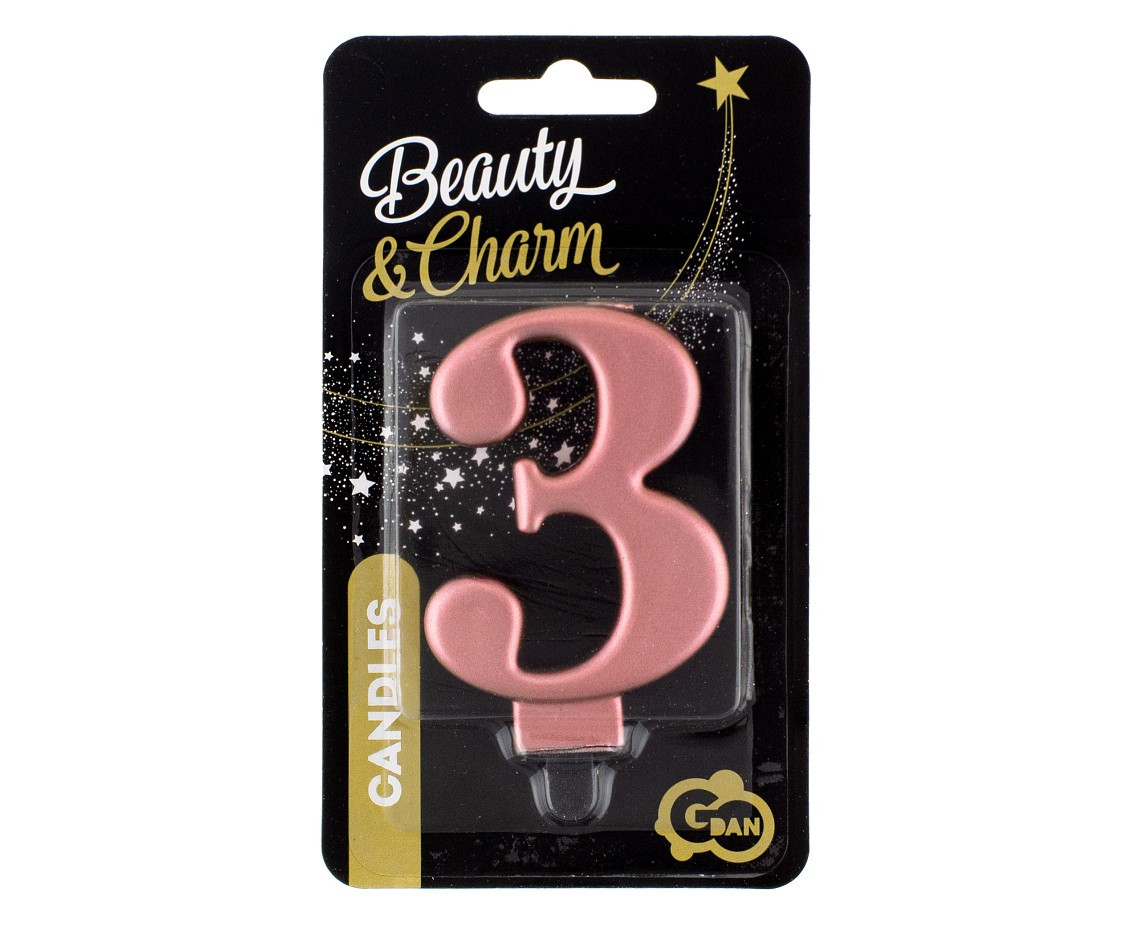 Birthday candle digit 3, metallic rosegold, 8 cm