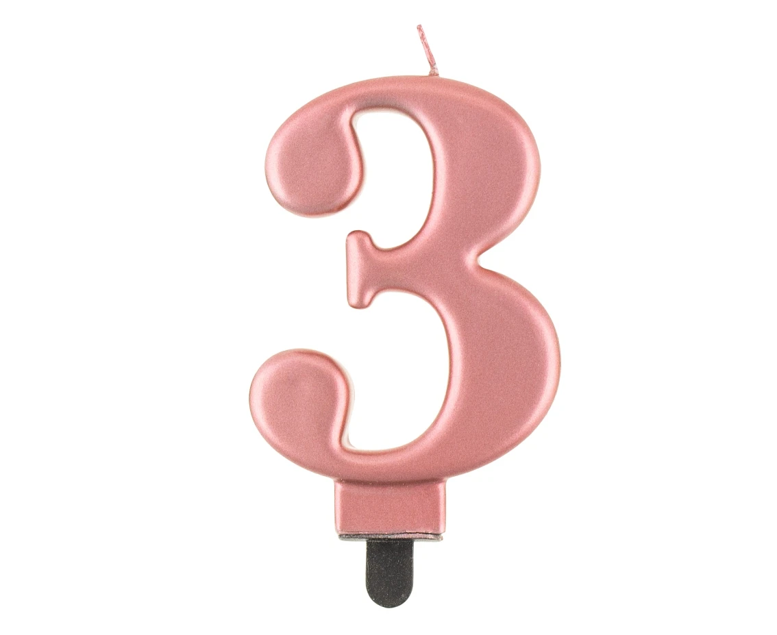 Birthday candle digit 3, metallic rosegold, 8 cm