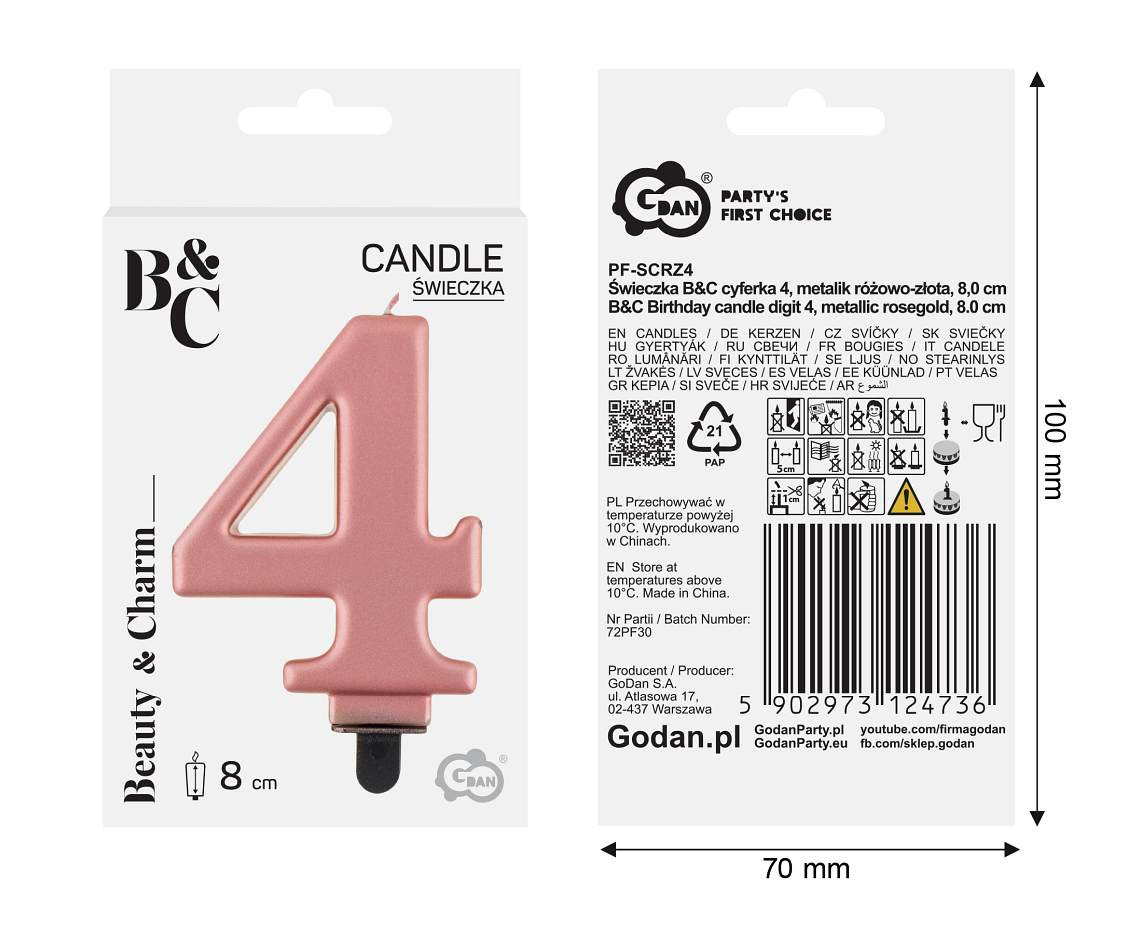 Birthday candle digit 4, metallic rosegold, 8 cm