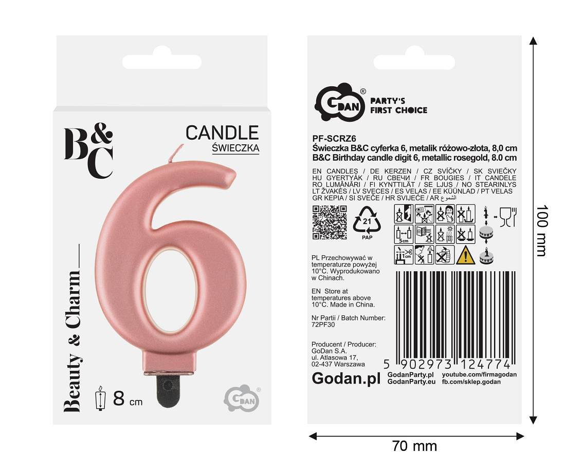 Birthday candle digit 6, metallic rosegold, 8 cm