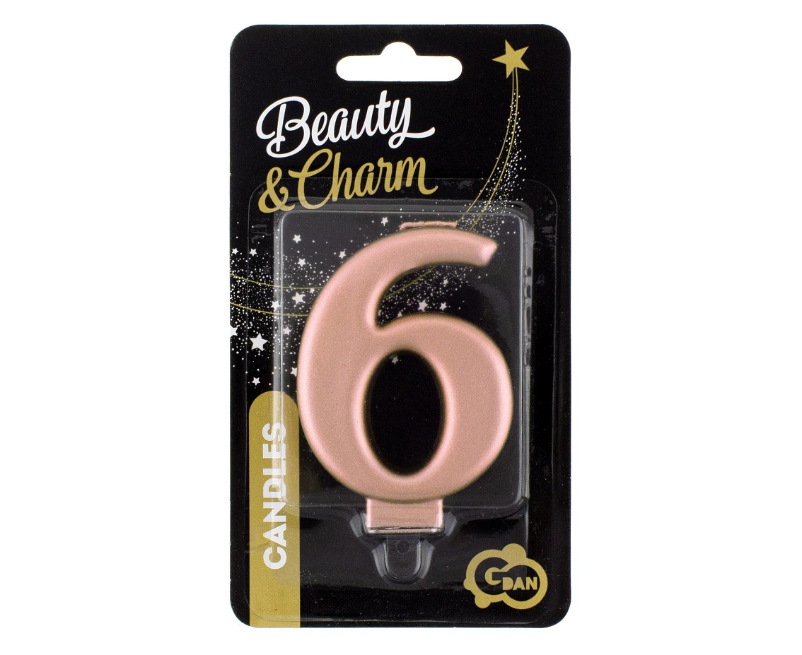 Birthday candle digit 6, metallic rosegold, 8 cm