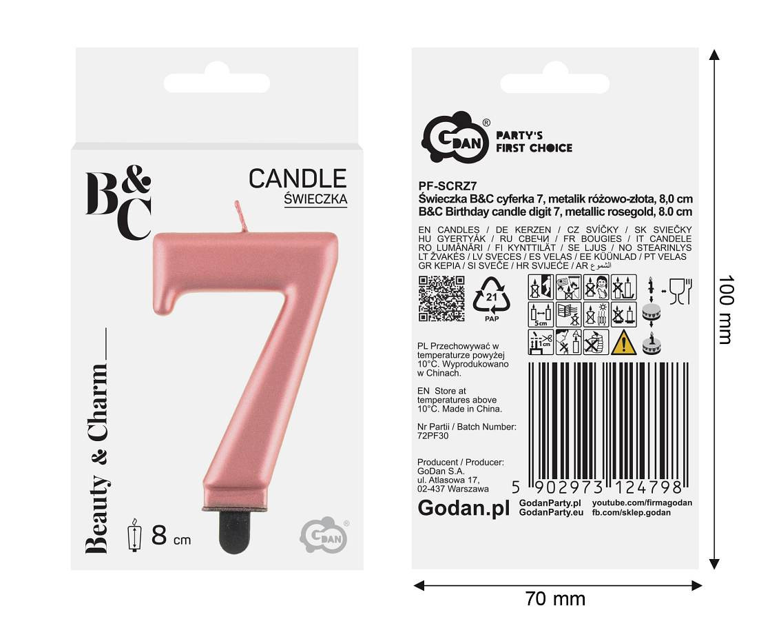 Birthday candle digit 7, metallic rosegold, 8 cm