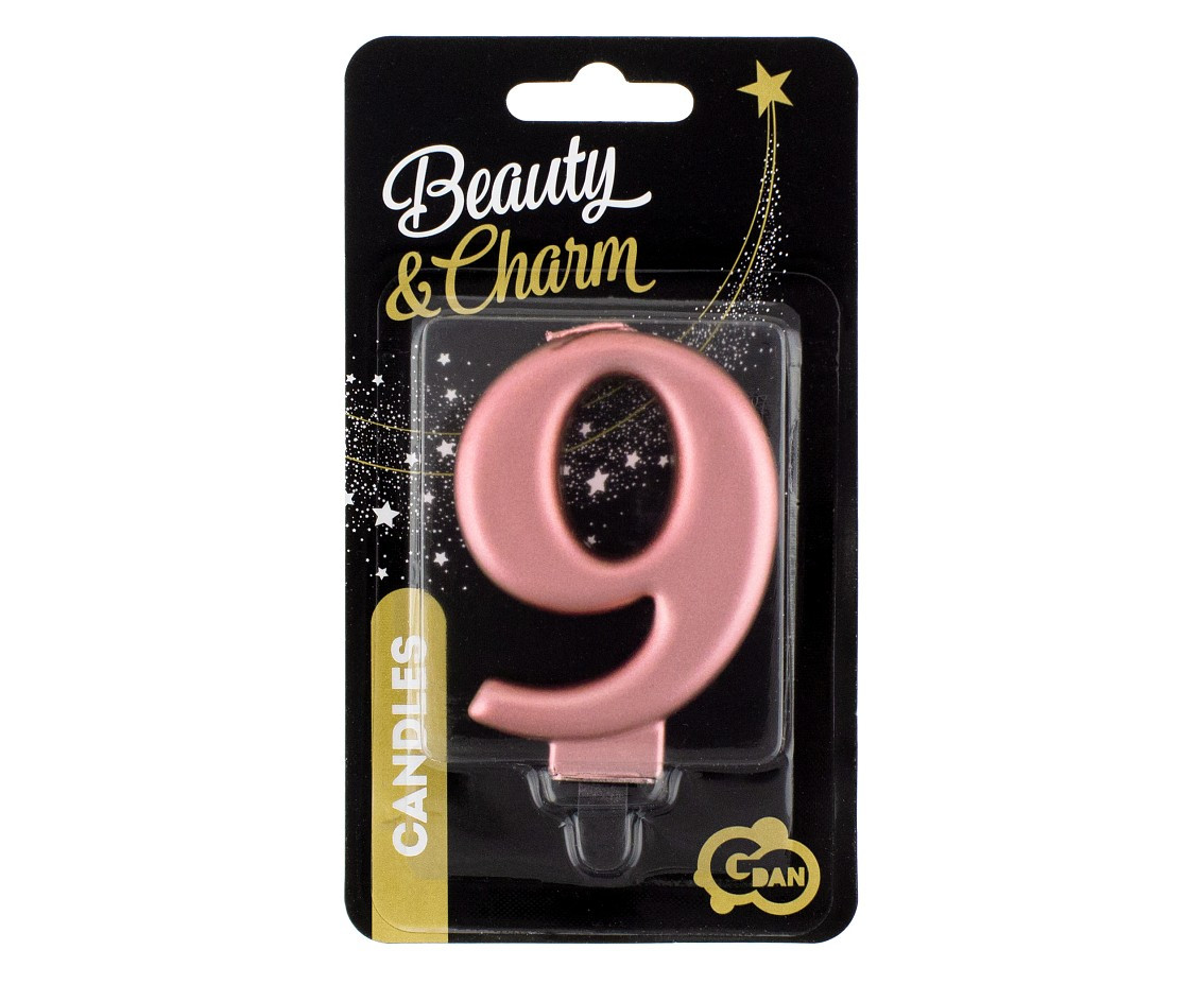Birthday candle digit 9, metallic rosegold, 8 cm