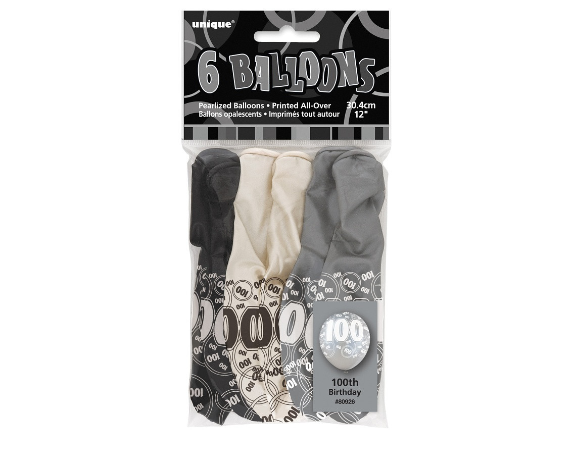 Balloon UQ 12" Glitz with overprint 100, black mix, 6 pcs