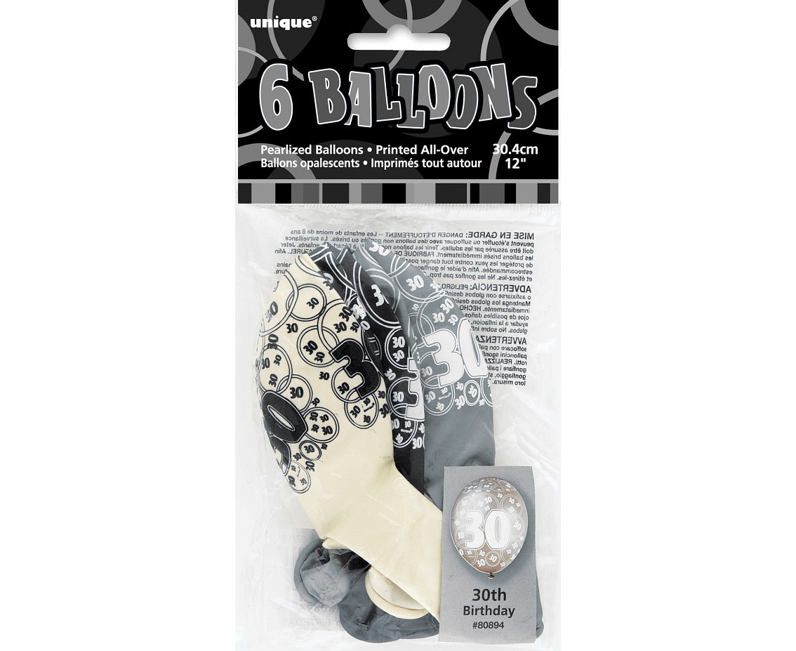 Balloon UQ 12" Glitz with overprint 30, black mix, 6 pcs