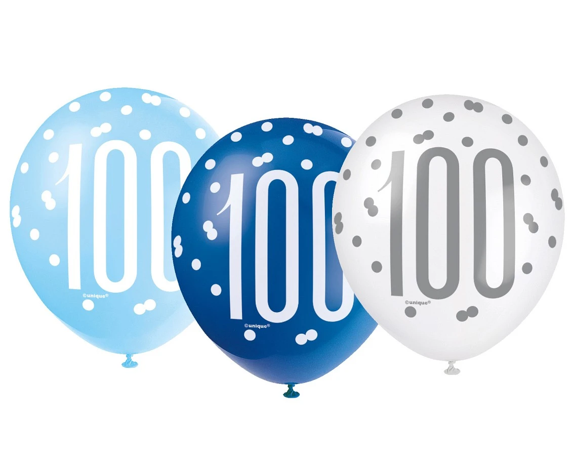 Balloon UQ 12" Glitz with overprint 100, blue mix, 6 pcs