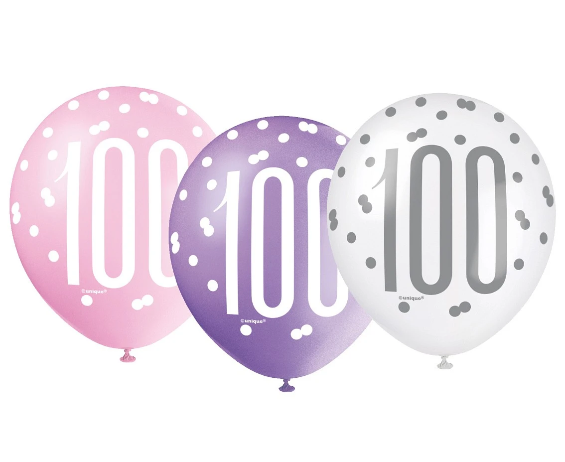 Balloon UQ 12" Glitz with overprint 100, pink mix, 6 pcs