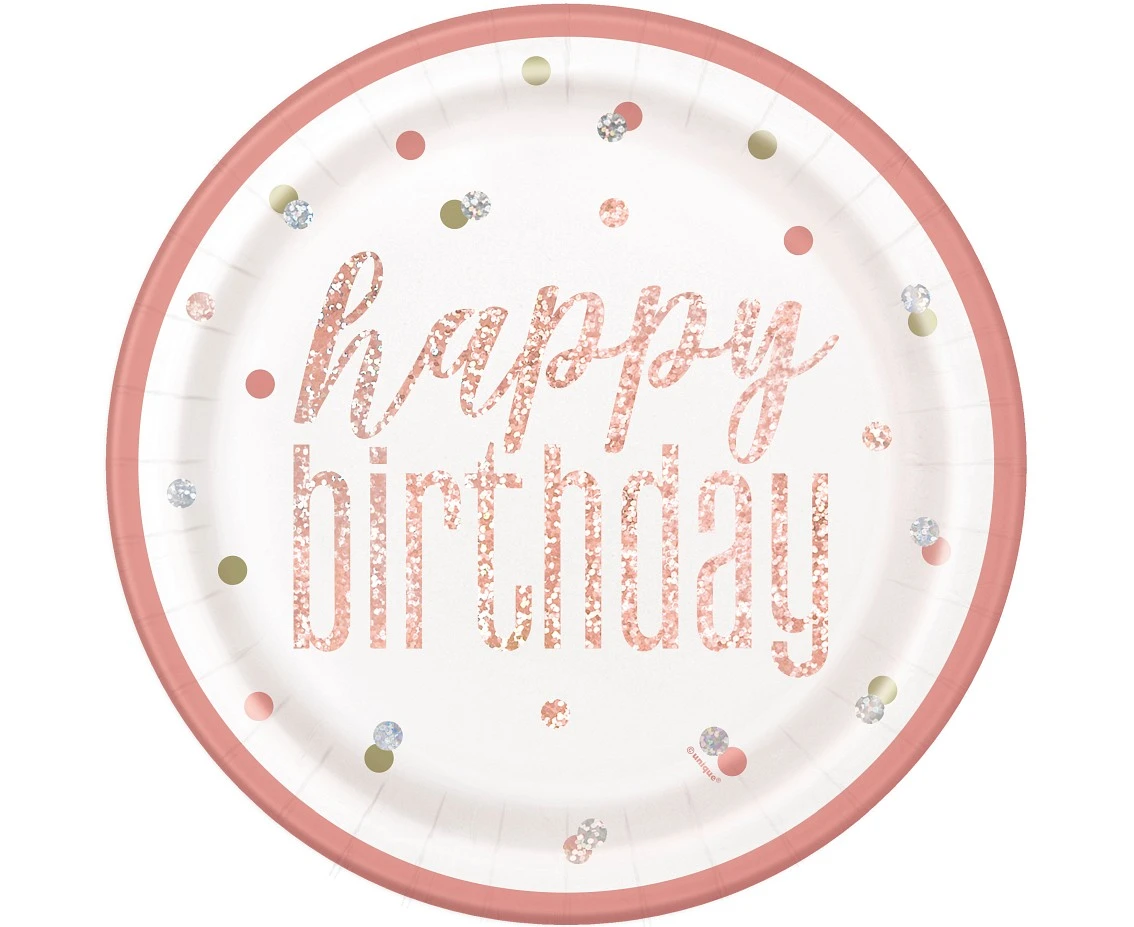 Paper plates Glitz Happy Birthday, 23 cm, rose gold, 8 pcs