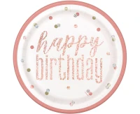 Paper plates Glitz Happy Birthday, 23 cm, rose gold, 8 pcs