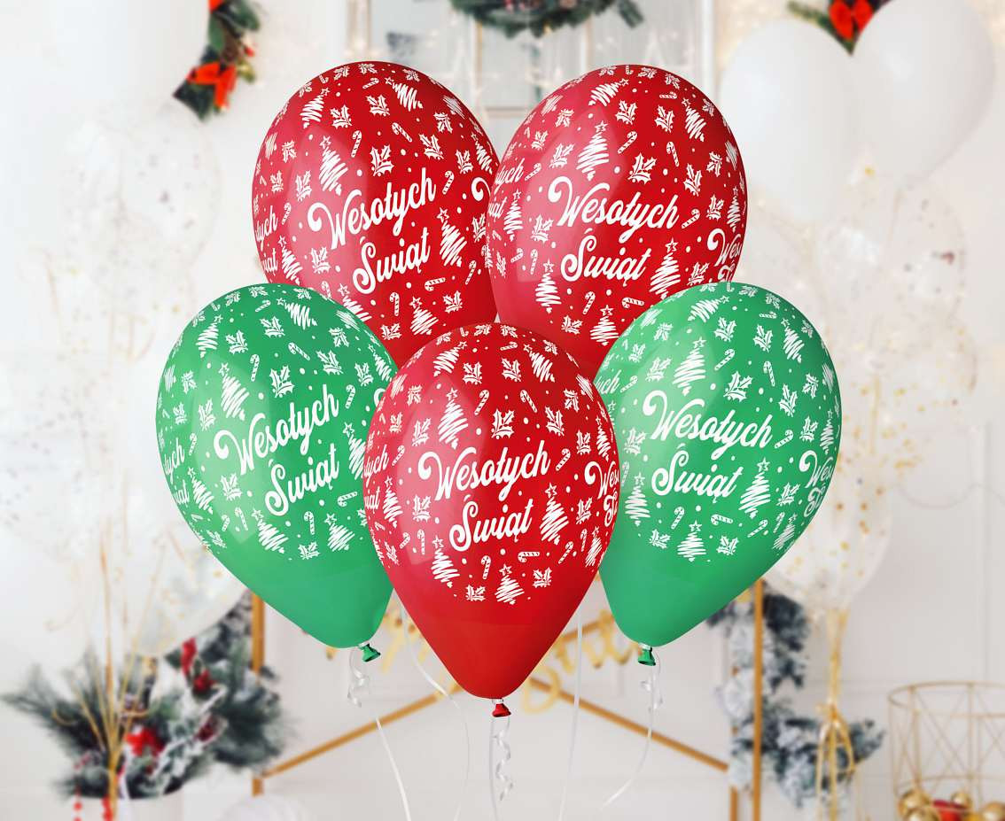 Balloons Gemar 13", pastel premium helium happy holidays, red & green, 5pcs EOL